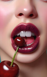 a lady biting 🫦 a cherry 🍒.