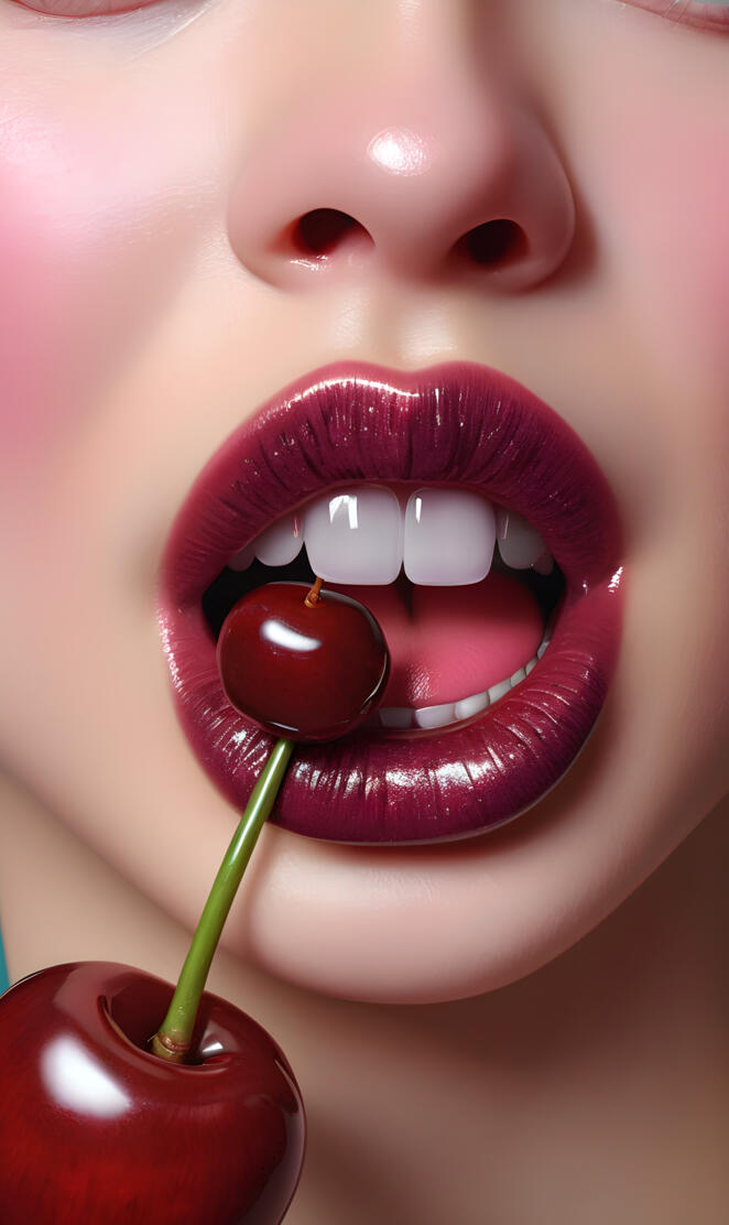 a lady biting 🫦 a cherry 🍒.