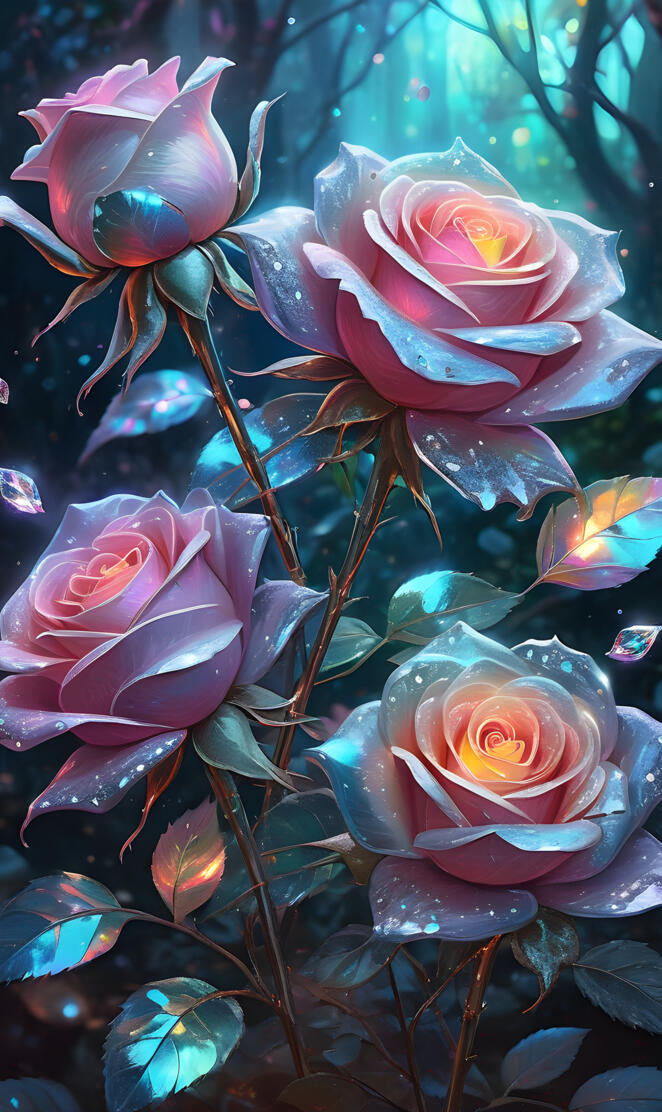 Pink long stemmed roses with iridescent edged petals