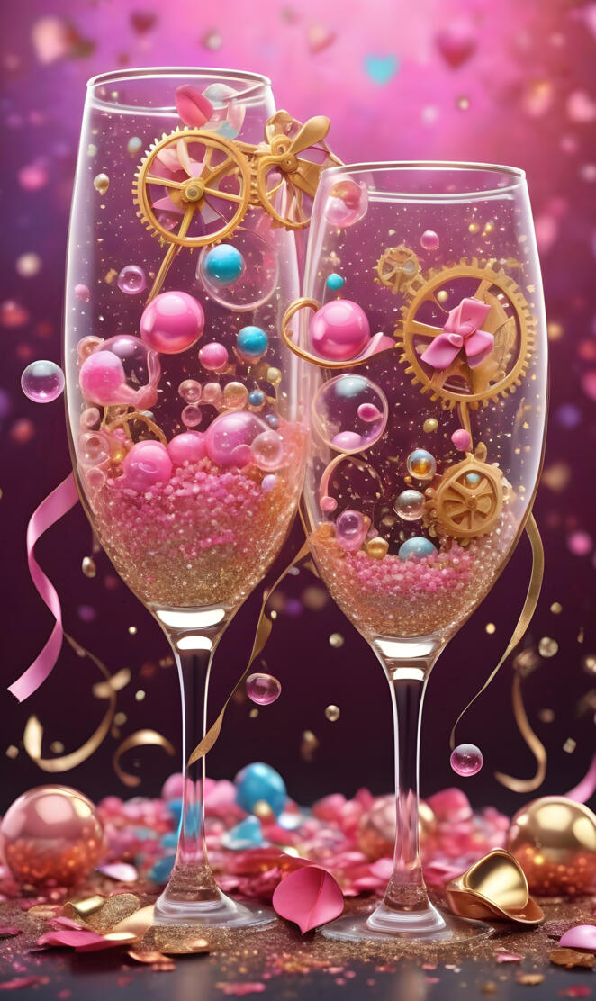 two wine glasses with colorful decorations