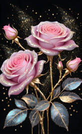 icy pink roses, gold glitter petals, stems & leaves, dark background