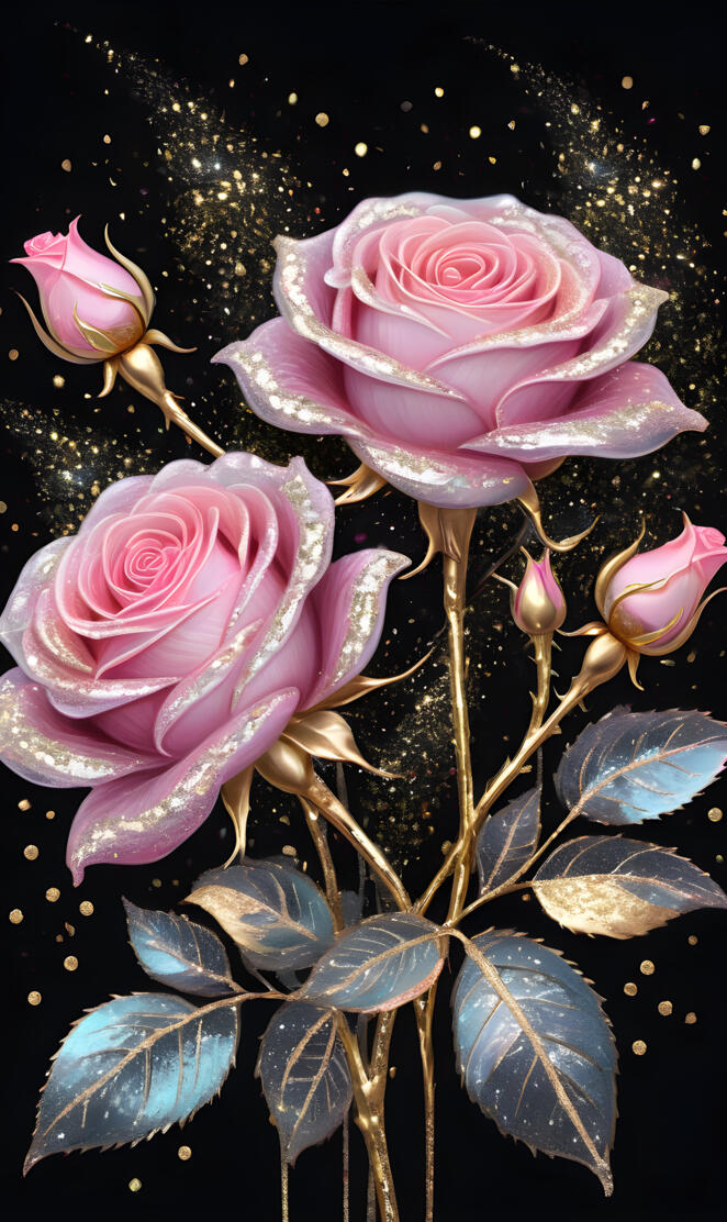 icy pink roses, gold glitter petals, stems & leaves, dark background