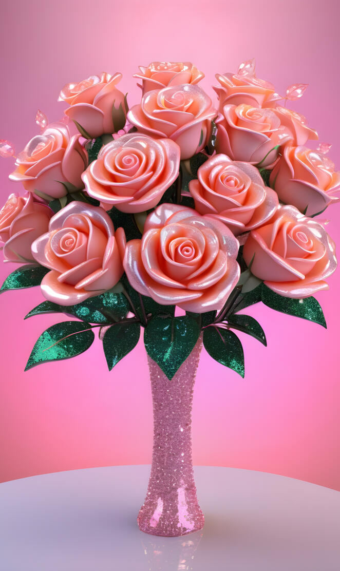 a vase with pink roses