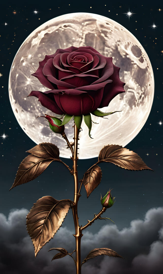 a rose in front of a moon