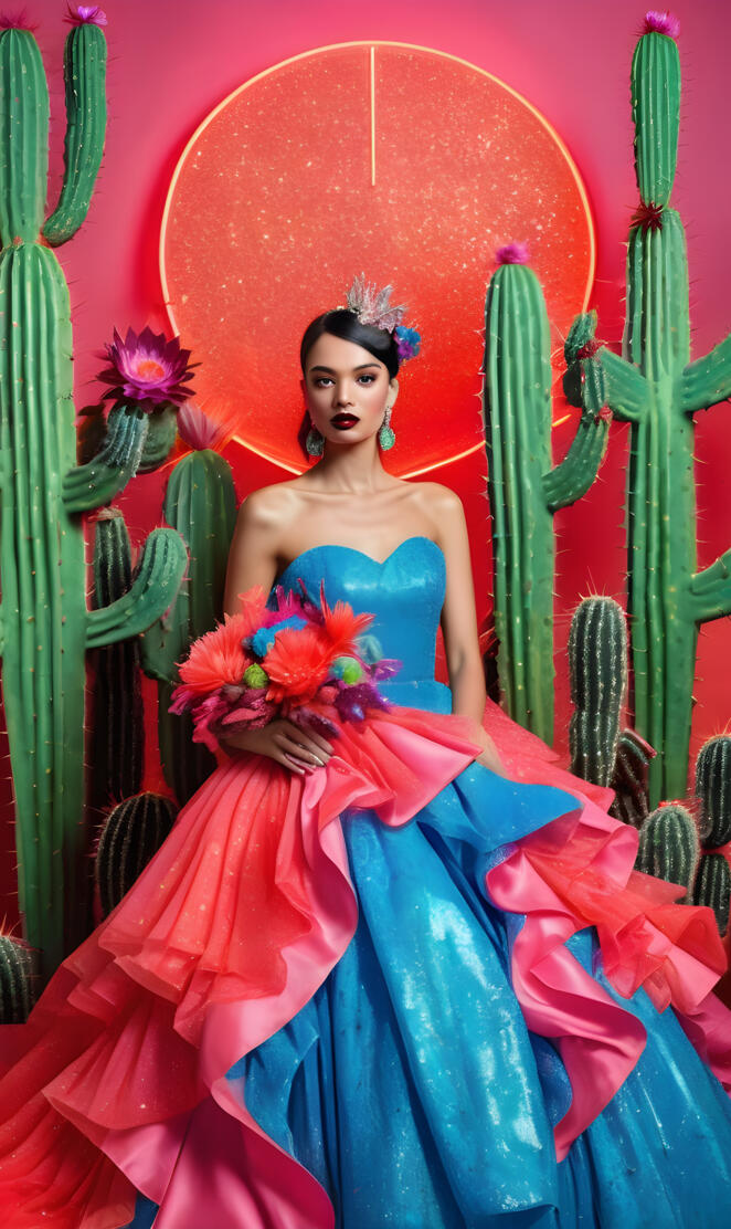 Lucy Ramos in a colorful dress