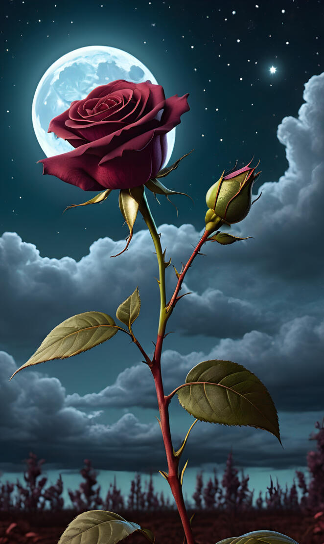a rose with a moon in the background
