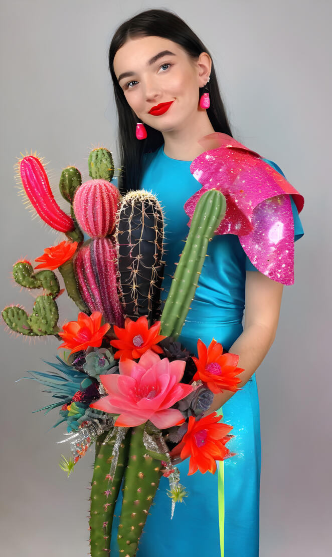 Kennedy Montano in a colorful dress holding a bouquet of flowers