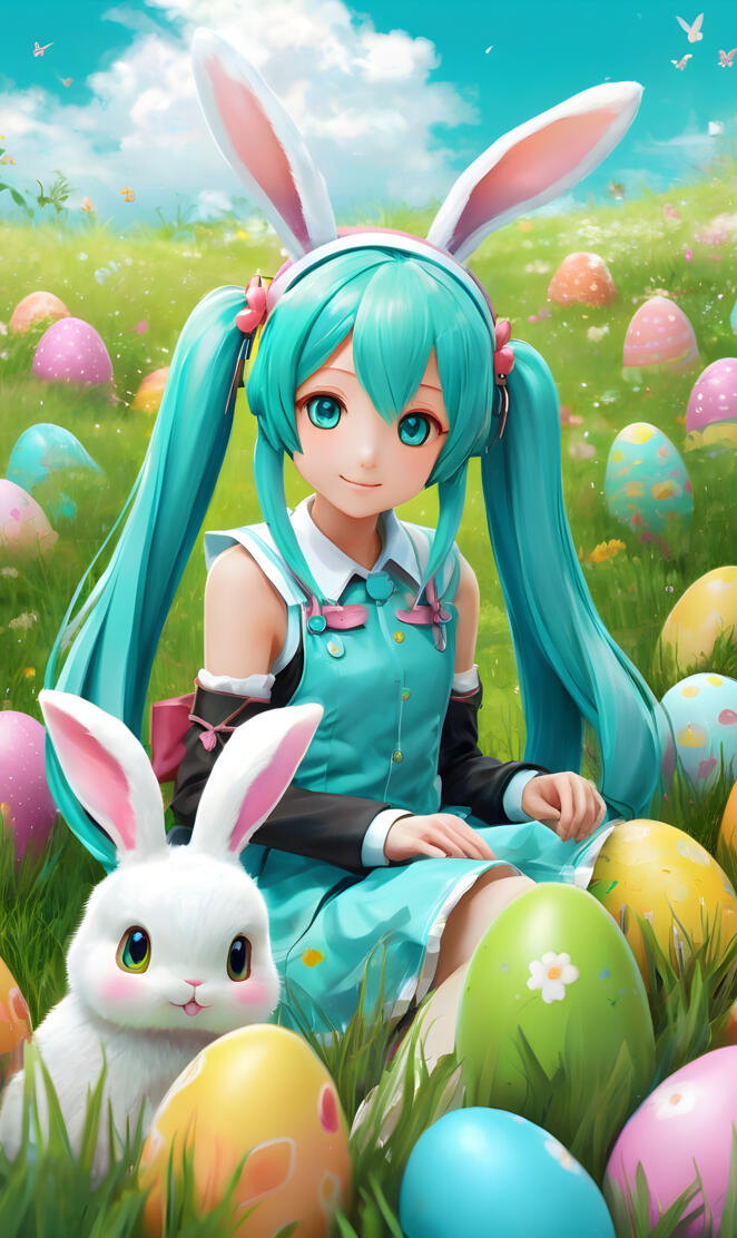 hatsune Miku, paque, pâque, pâques, paques, lapin oeufs, œuf, lapins