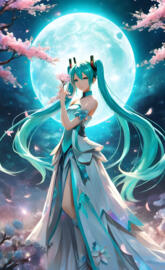 Hatsune Miku femme vert jade émeraude nuit fleur de cerisier lune