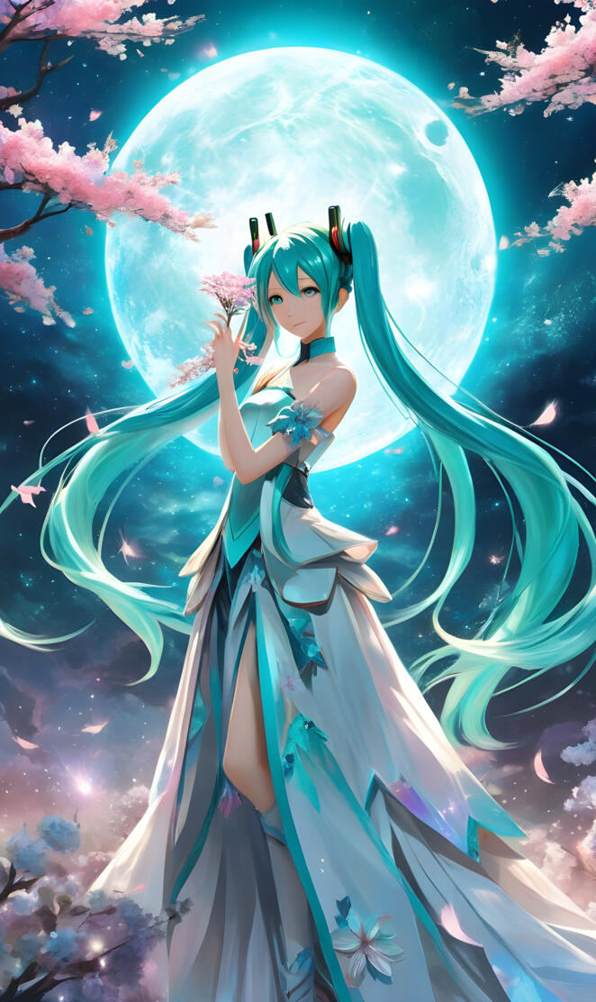 Hatsune Miku femme vert jade émeraude nuit fleur de cerisier lune