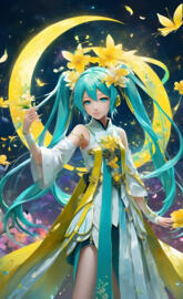 Hatsune Miku jaune vert émeraude jade nuit fleur femme