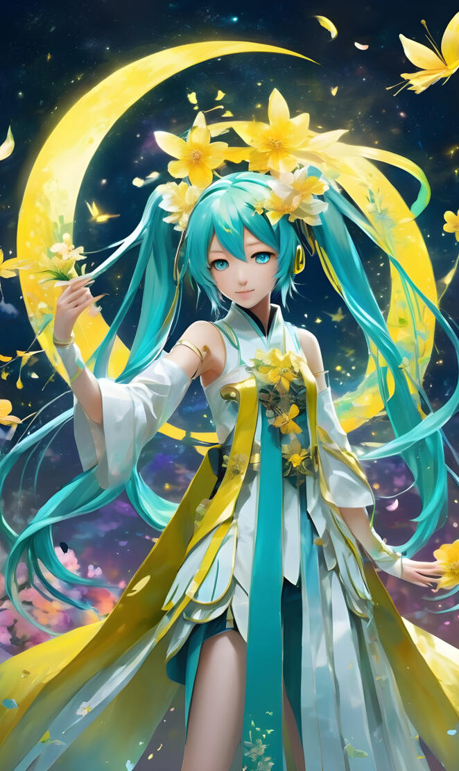 Hatsune Miku jaune vert émeraude jade nuit fleur femme