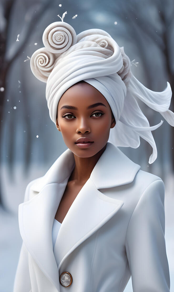 ,Brown Skin Women Wearing a white coat hat and gloves