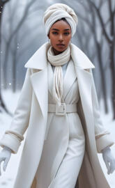 brown skin woman with a white coat hat and Gloves