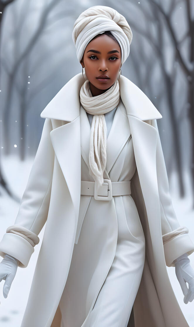 brown skin woman with a white coat hat and Gloves