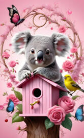 a koala bear with a bird on its back