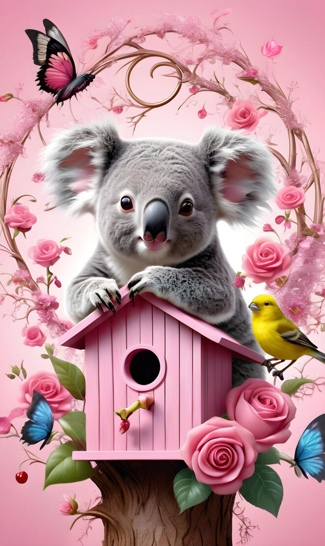 a koala bear with a bird on its back