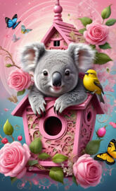 a koala bear in a box with flowers and butterflies
