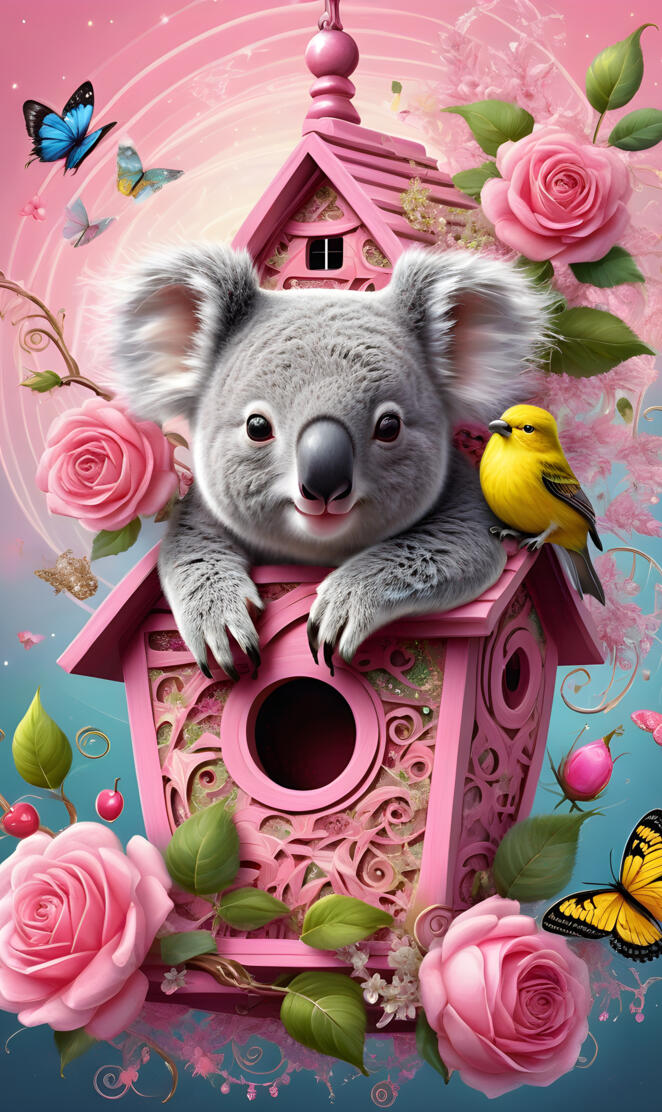a koala bear in a box with flowers and butterflies