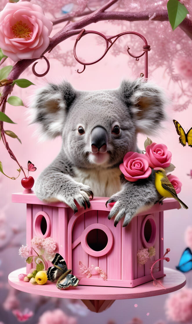 a koala bear in a pink box with a bouquet of flowers
