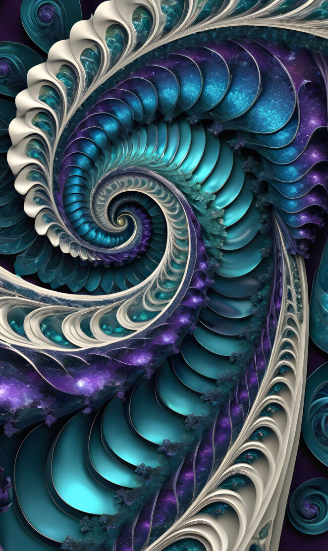 detailed fractal spiral blue green ivory and purple
