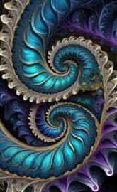 dual spiraling fractals in purple blue and green