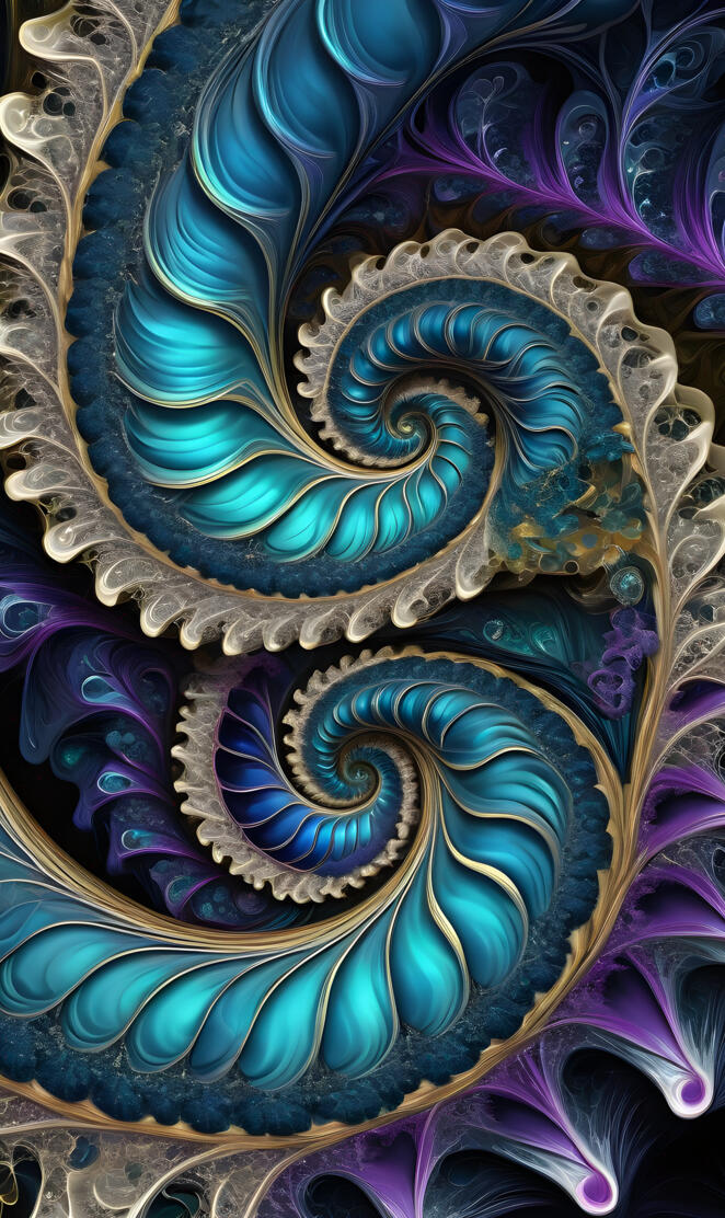 dual spiraling fractals in purple blue and green