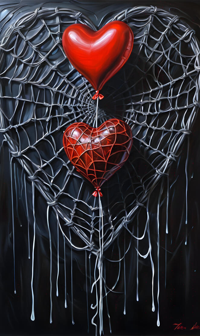 a heart shaped balloon in a net