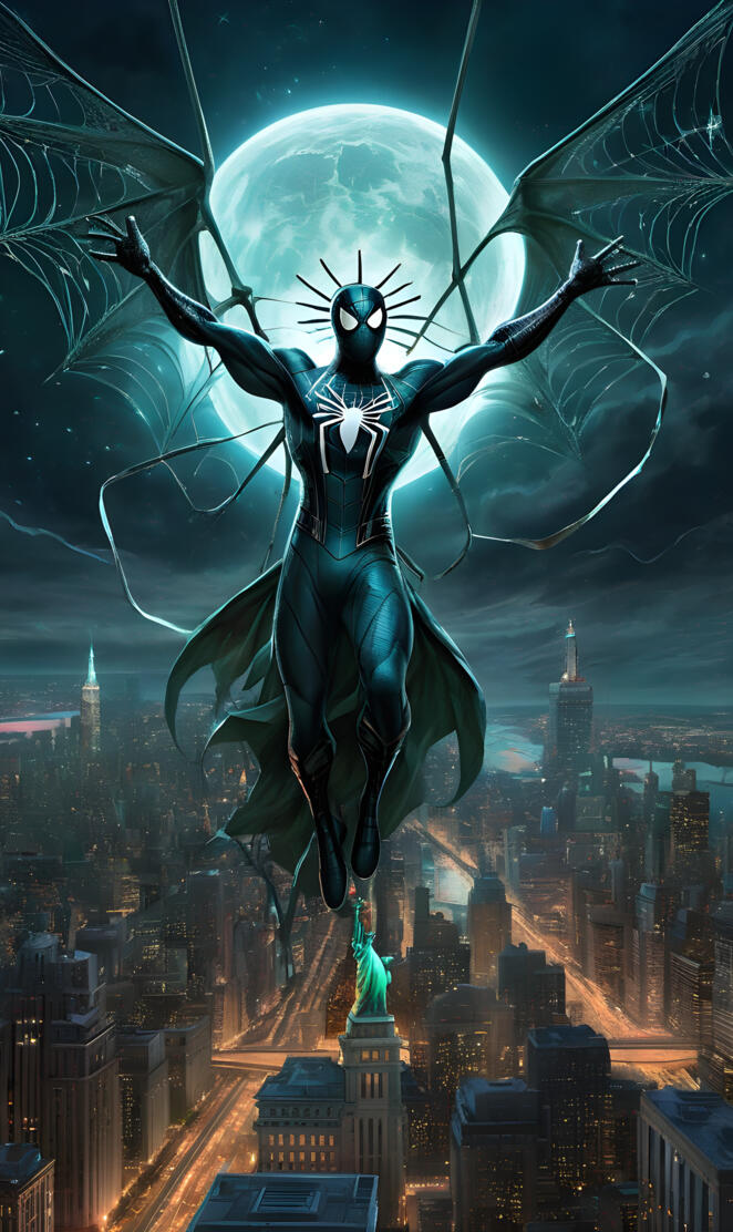 Spiderman above Lady Liberty