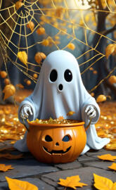cute little ghost with a pumpkin pail