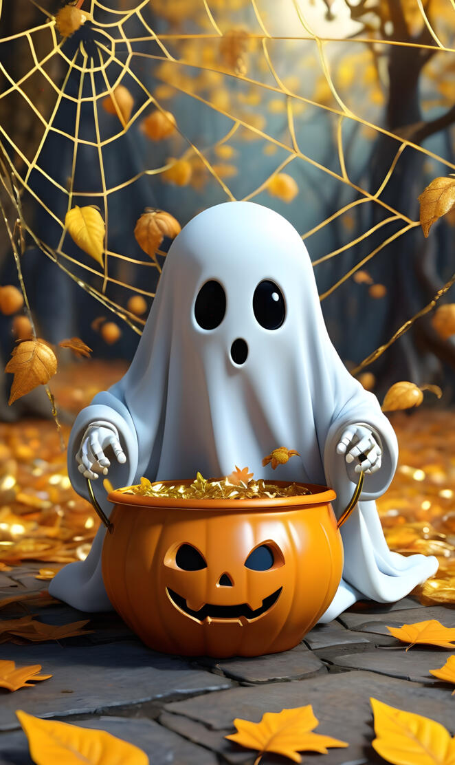 cute little ghost with a pumpkin pail