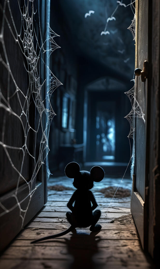 mouse looking into haunted house