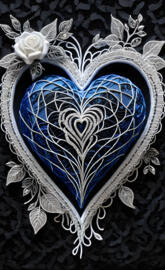 blue, black and silver stitched heart with white rose