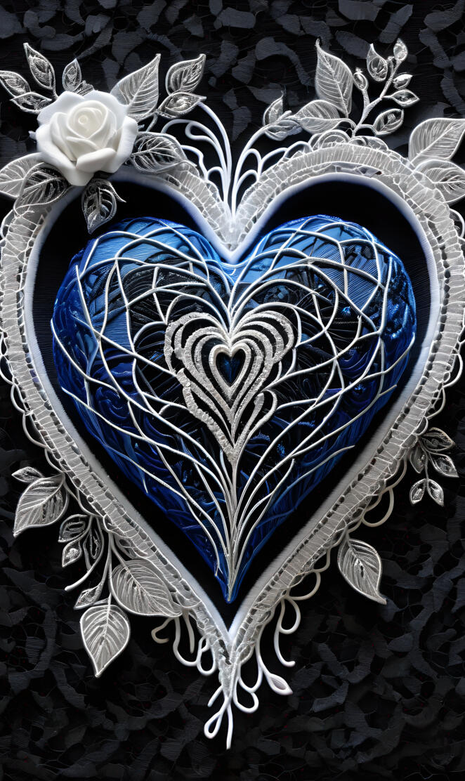 blue, black and silver stitched heart with white rose