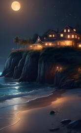 a house on a cliff by the ocean at night