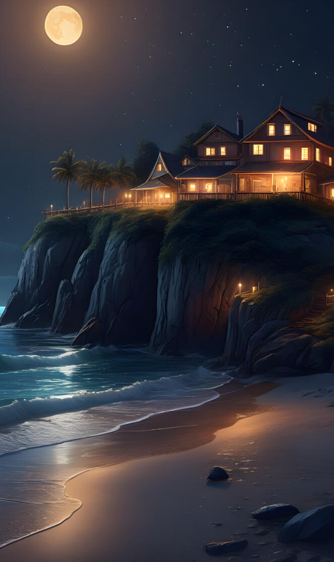a house on a cliff by the ocean at night