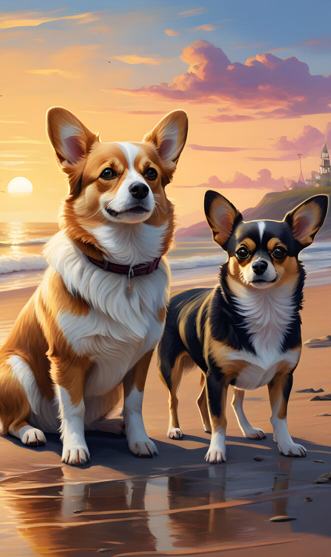 Welsh Corgi Cardigan und Chihuahua abends am Strand