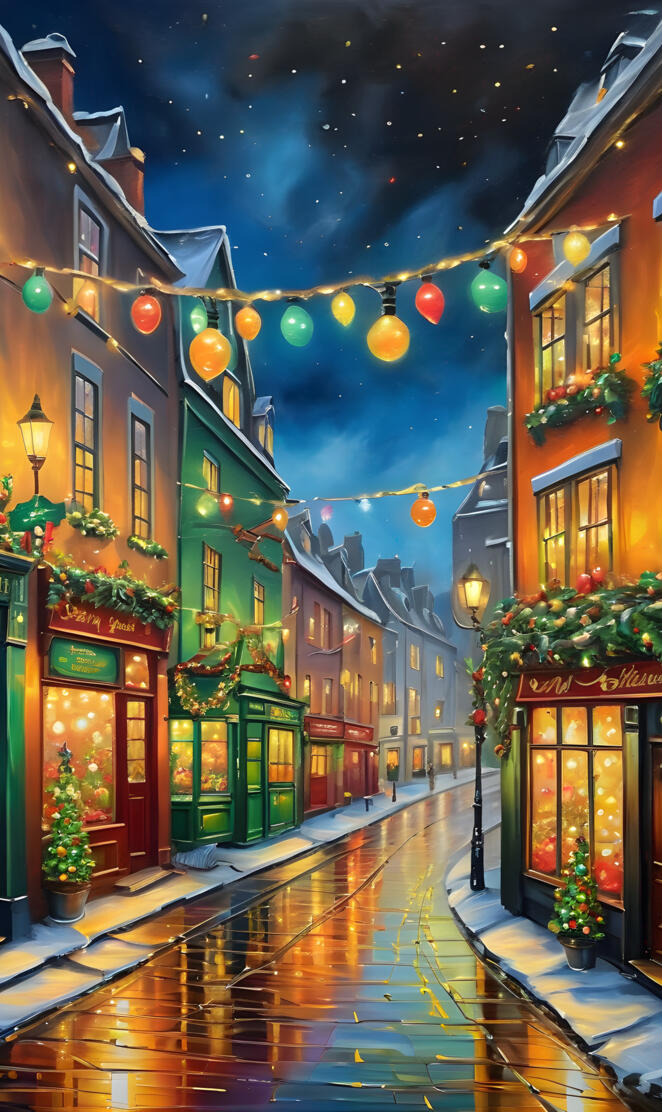 a wet street with buildings on both sides with lights from the ceiling