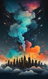 a city with a lot of smoke and fire