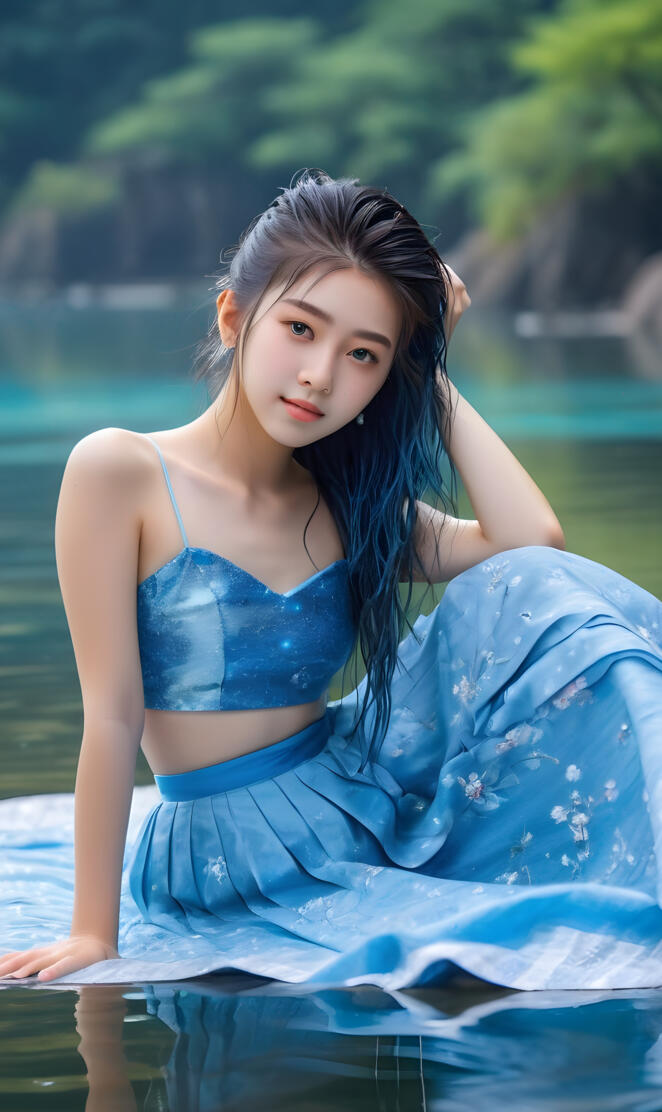 girl sitting in the water with her blue dress floating on the water