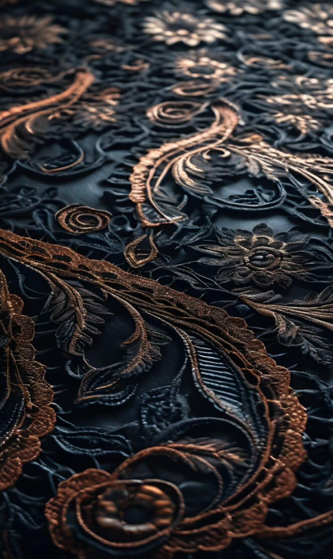 black leather, black & gold lace