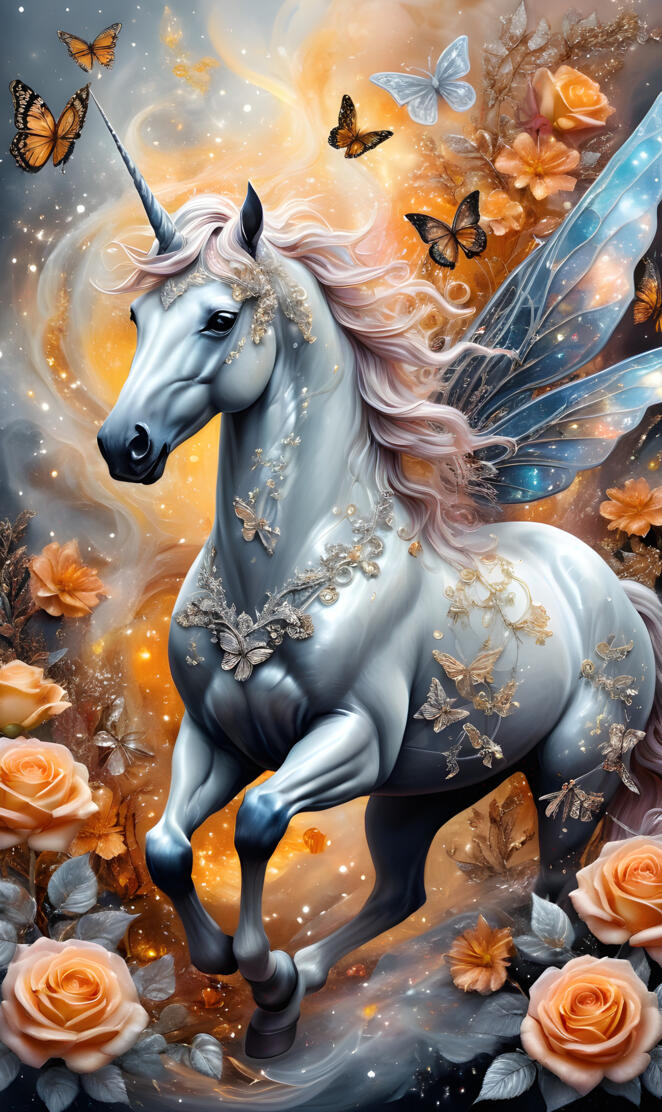 unicorn Pegasus white lace flowers peach