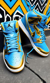 a pair of blue and yellow shoes