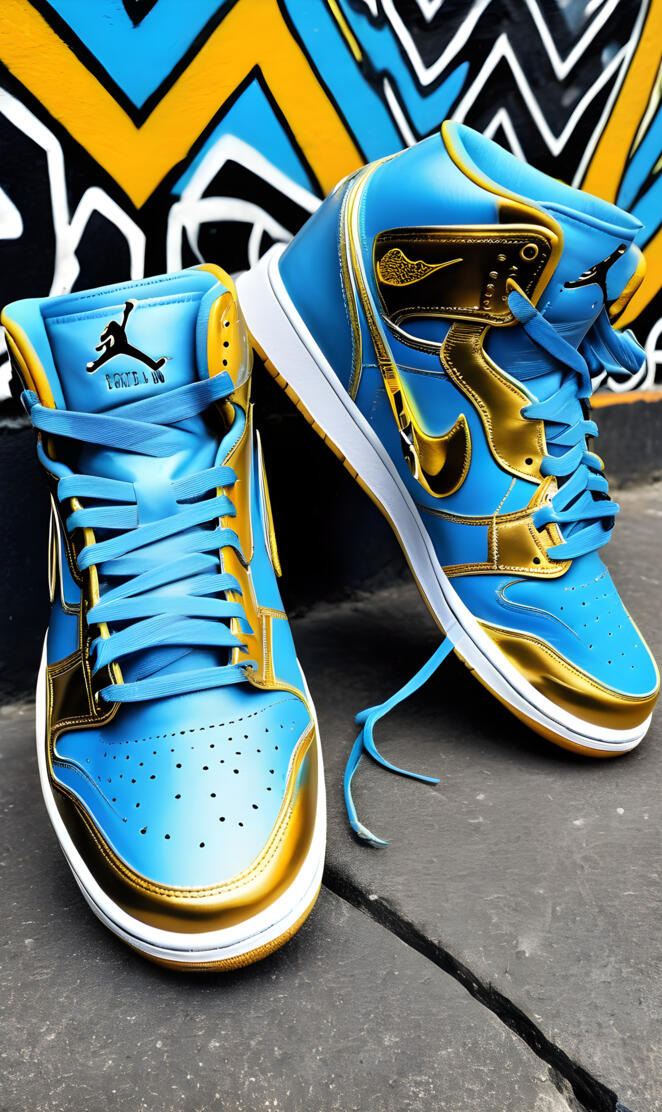 a pair of blue and yellow shoes