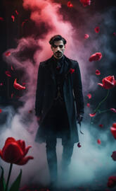 a person standing in a field of red flowers