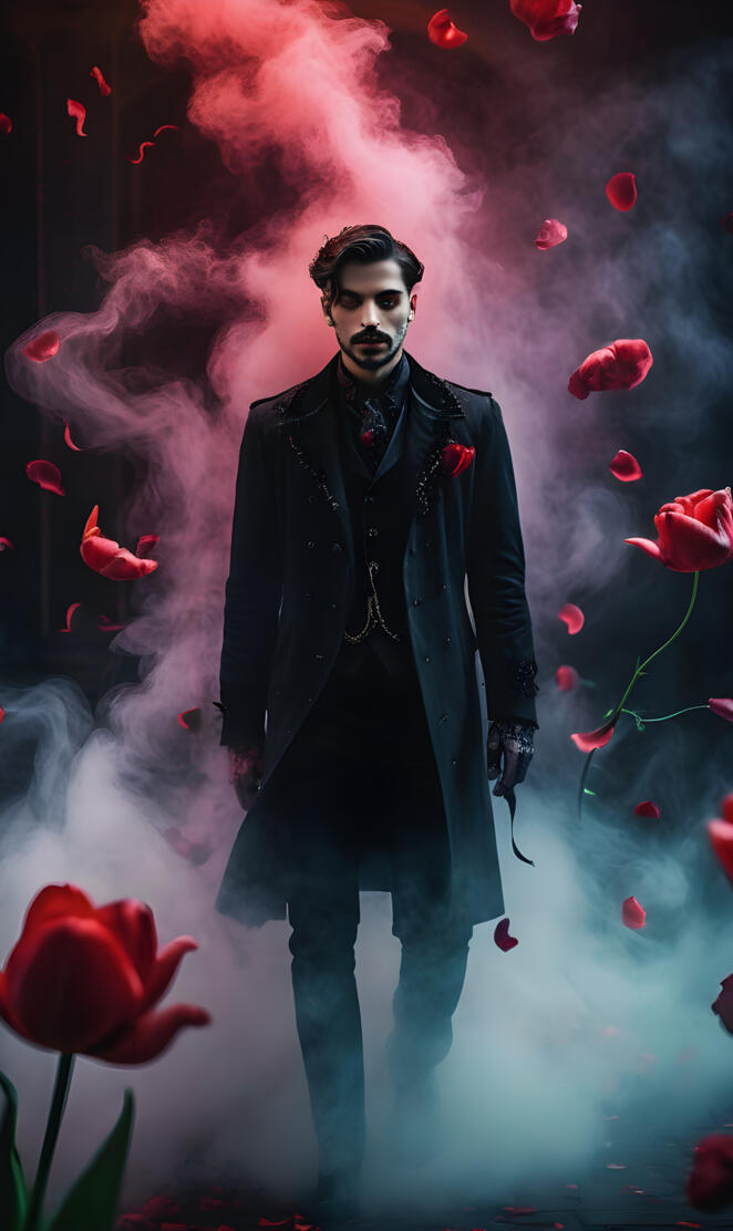 a person standing in a field of red flowers