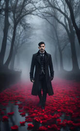 a man standing in a field of red flowers