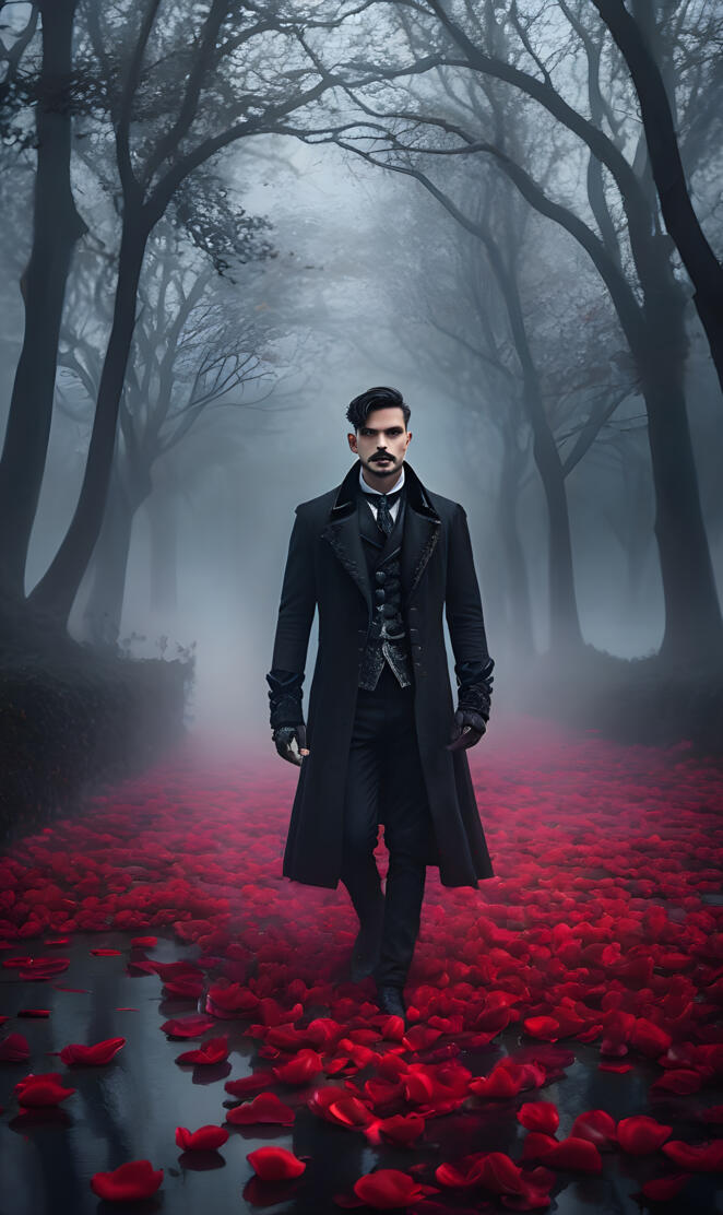 a man standing in a field of red flowers