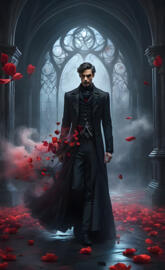 a person in a black robe and red shoes standing in a room with flowers