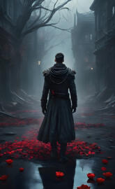 a person standing in fog with flowers on the ground